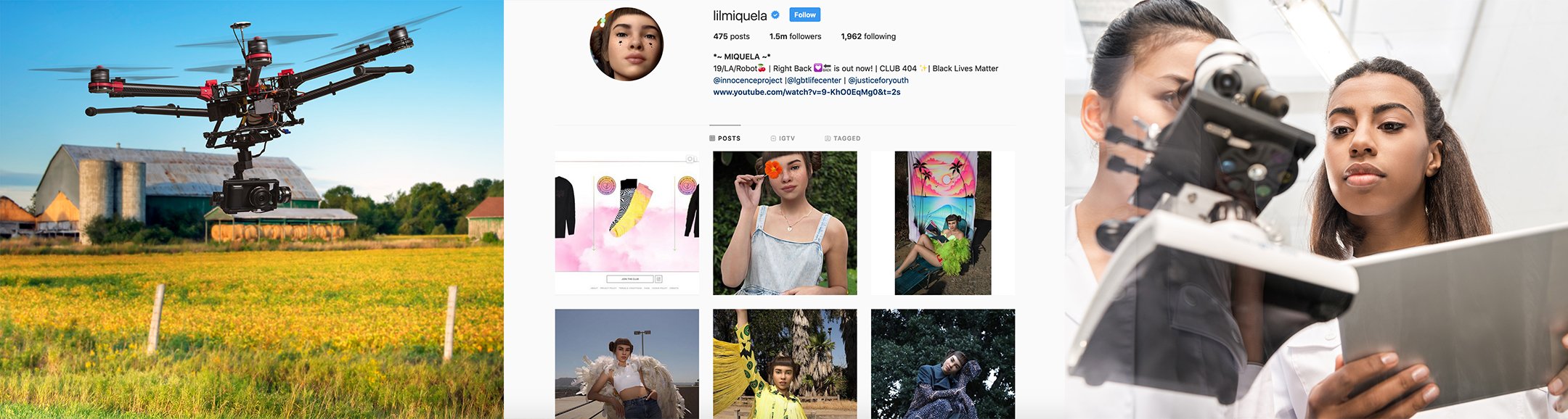 Drone monitoring crops, Instagram influencer Lil Miquela and scientists working in lab with AI