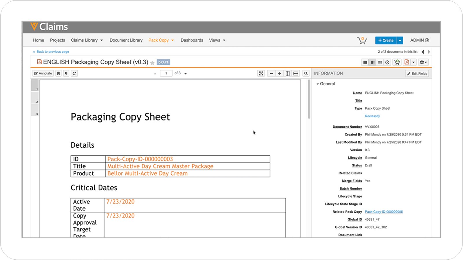 Veeva Claims Packaging Copy Management Screen